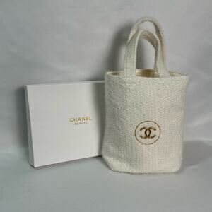 CHANEL Cream Textured mini Tote  Bag with Gold Logo New